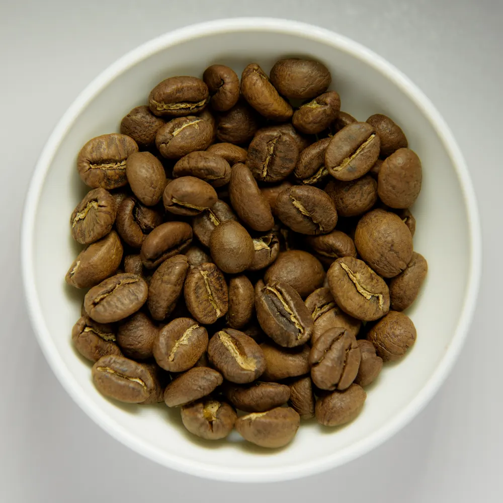 Roasted coffee beans in a white bowl