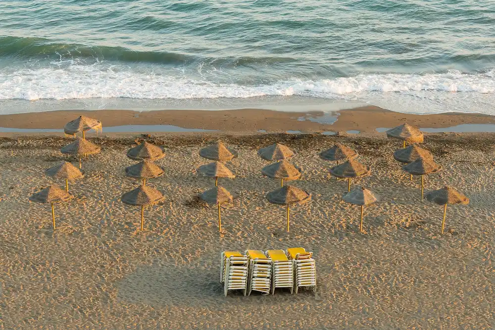 Rows of closed beach parasols on sand at evening