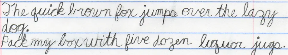 Handwritten cursive practice lines on notebook paper