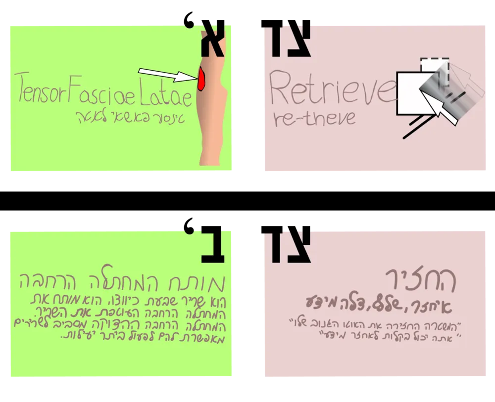 Handmade two-sided flashcards with words and pictures