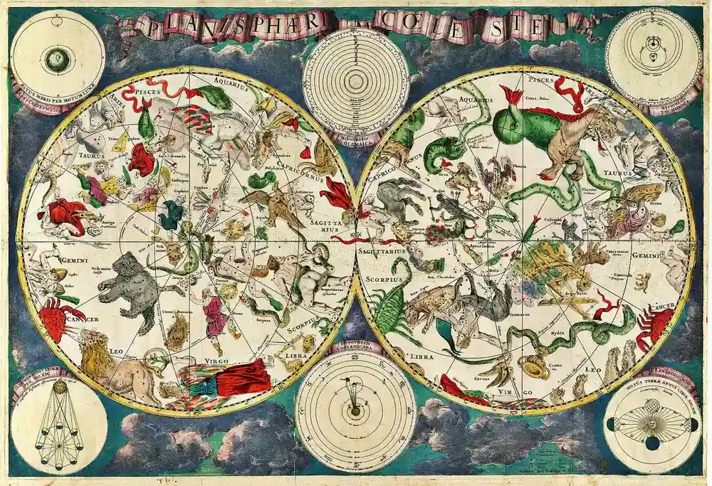Antique coloured star map of the northern and southern skies