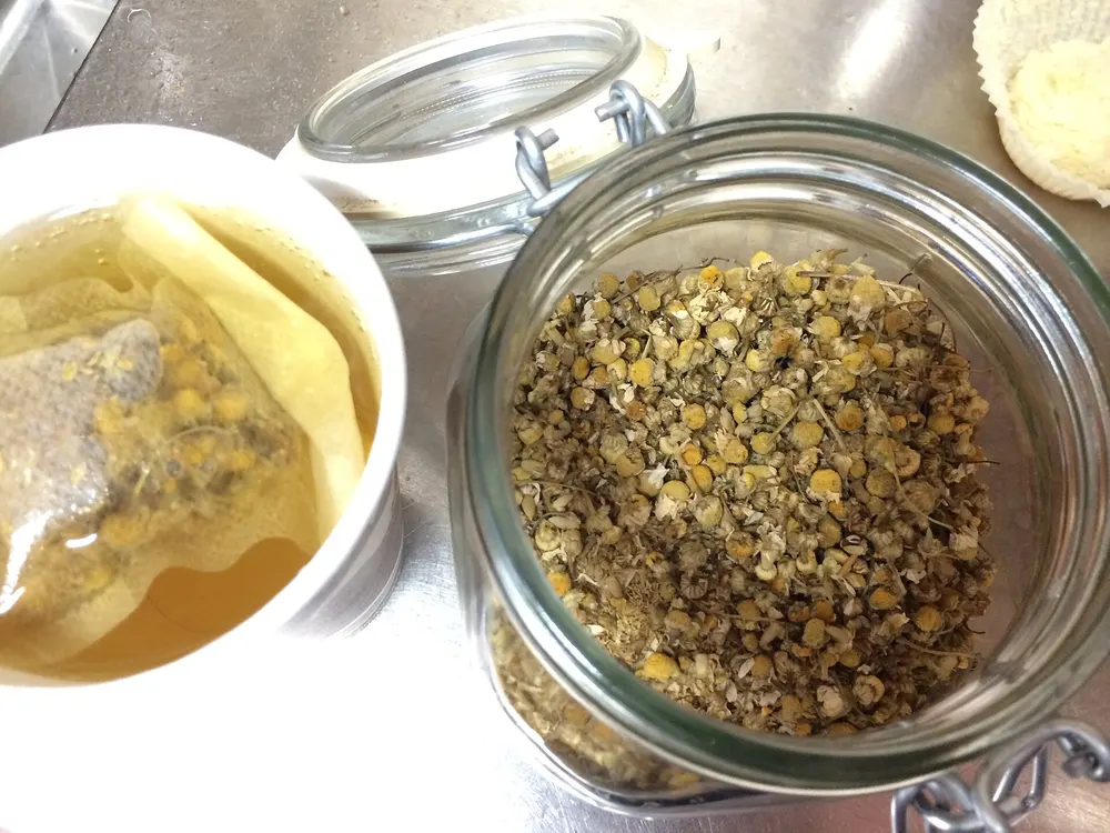 Jar of loose chamomile tea next to a cup