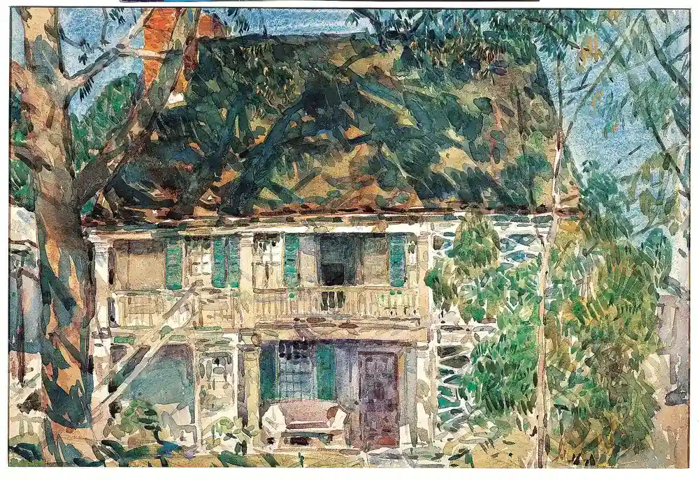 Watercolour painting of a house surrounded by trees